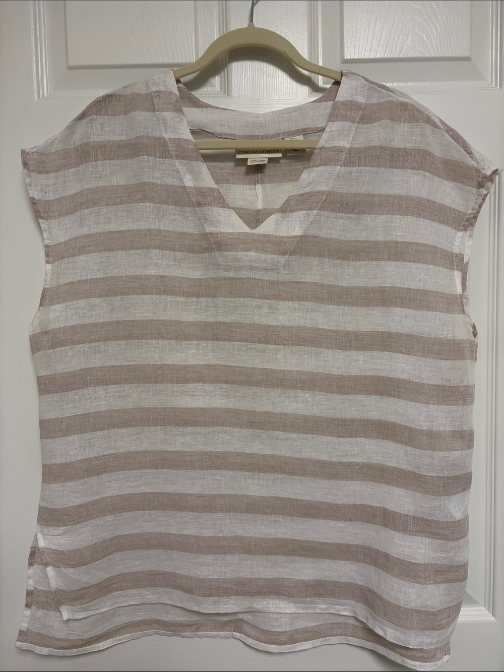 Cynthia Rowley Beige & White Striped V-Neck Linen Top
